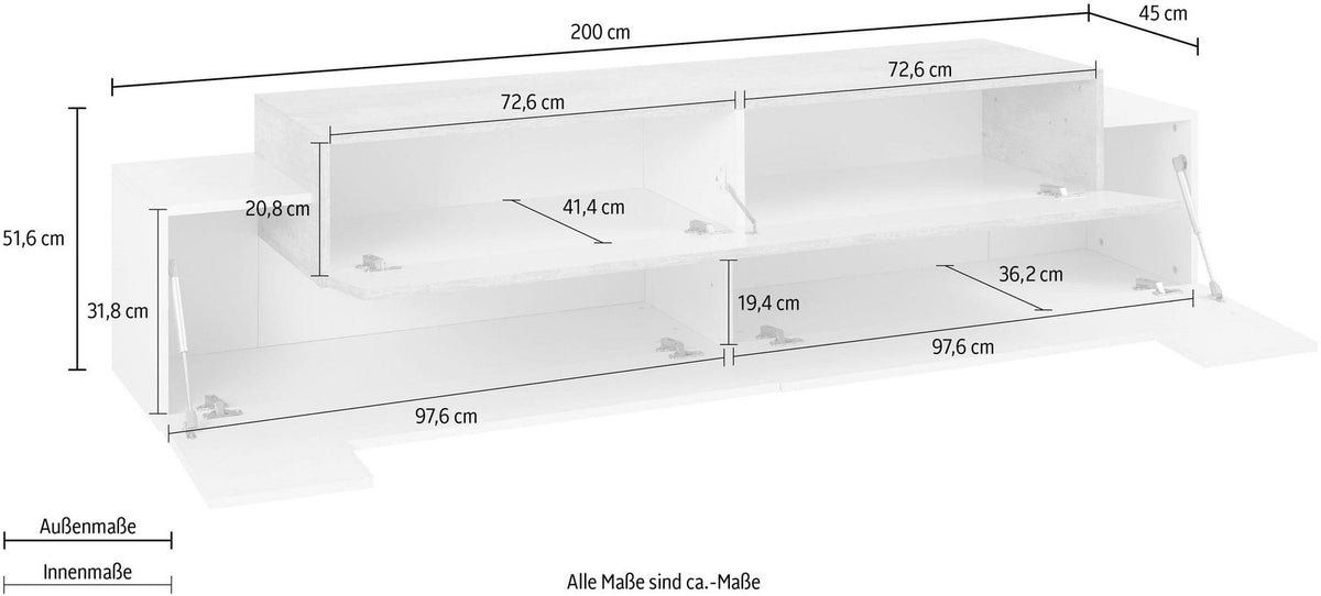 Schema quotato del porta TV CELESTIA bianco e cemento con vani superiori da 72,6 cm ciascuno #colore_Bianco Lucido/Cemento