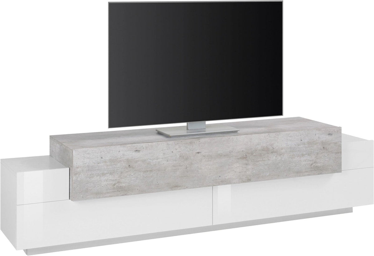 Porta TV CELESTIA con pannello centrale grigio effetto pietra sporgente e moduli laterali bianchi lucidi #colore_Bianco Lucido/Cemento