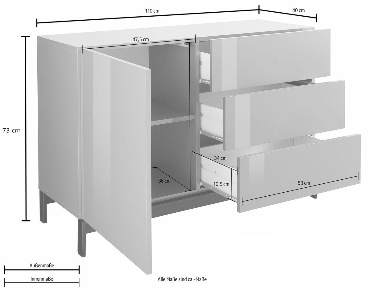Credenza NEXUS bianco lucido con anta aperta e cassetti estratti, misure quotate