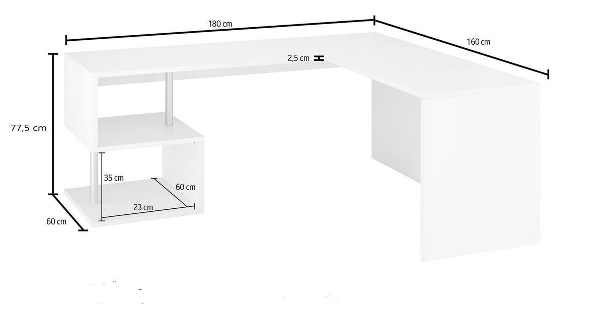 Scrivania HERMES bianco lucido con misure quotate: 180 cm, 160 cm, altezza 77,5 cm #colore_Bianco Lucido