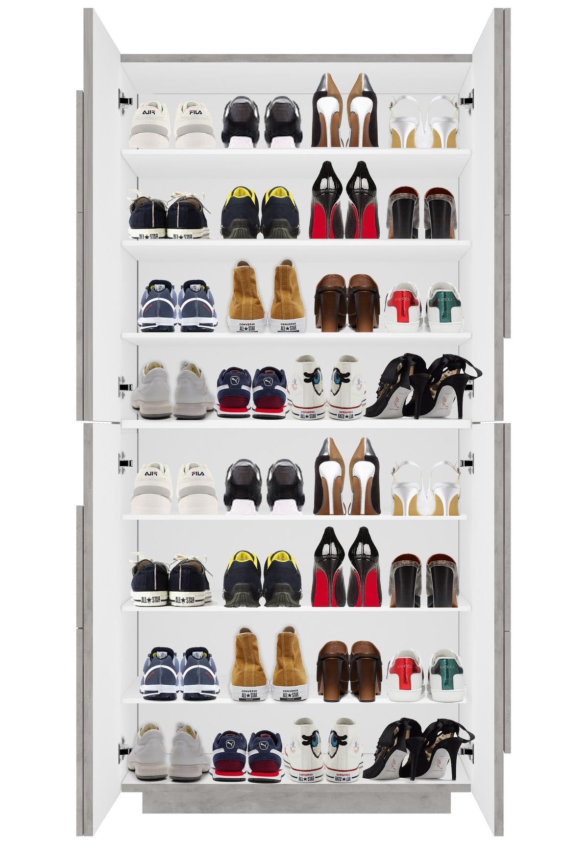 Scarpiera PULSE cemento frontale con ante aperte e scarpe Air e Fila #colore_Cemento