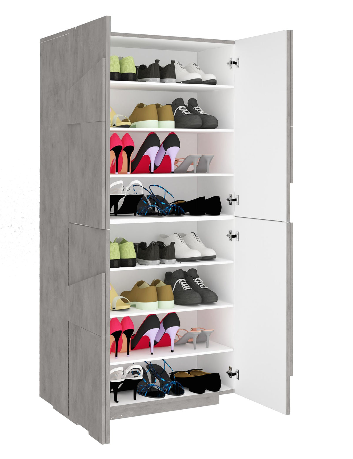 Scarpiera PULSE cemento con quattro ante aperte, interno bianco, su sfondo bianco #colore_Cemento