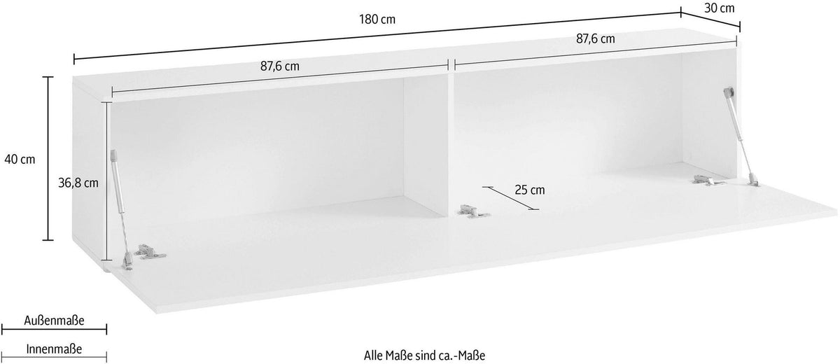 Porta TV ECHO bianco lucido con ribalta aperta, misure: 180 cm larghezza, 40 cm altezza #colore_Bianco Lucido