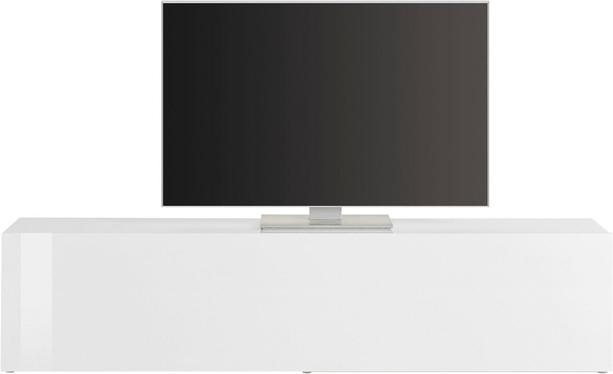 Porta TV ECHO bianco lucido frontale su piedini scuri, senza maniglie, sfondo bianco #colore_Bianco Lucido