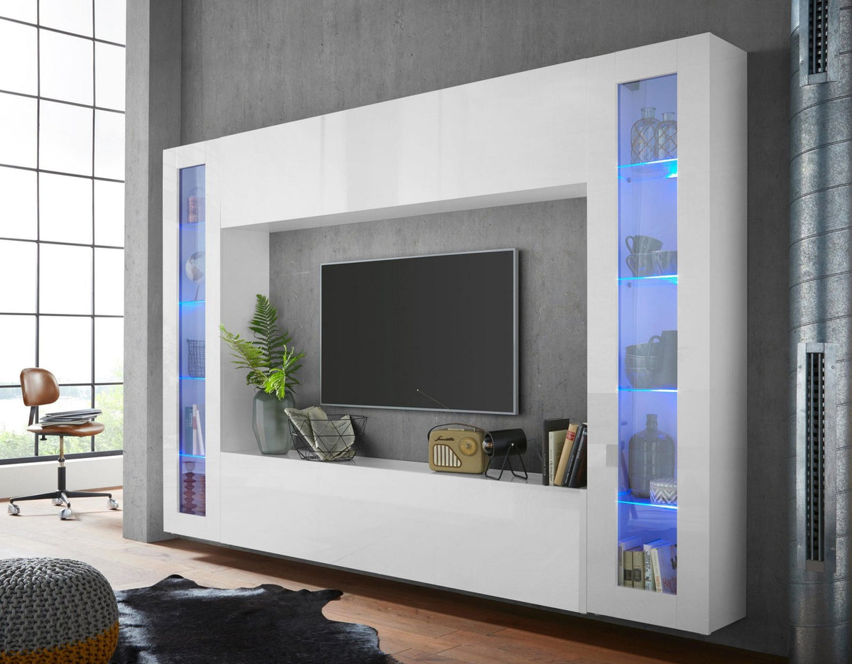 Porta TV ECHO bianco lucido a parete con vano TV centrale e vetrinette laterali illuminate #colore_Bianco Lucido