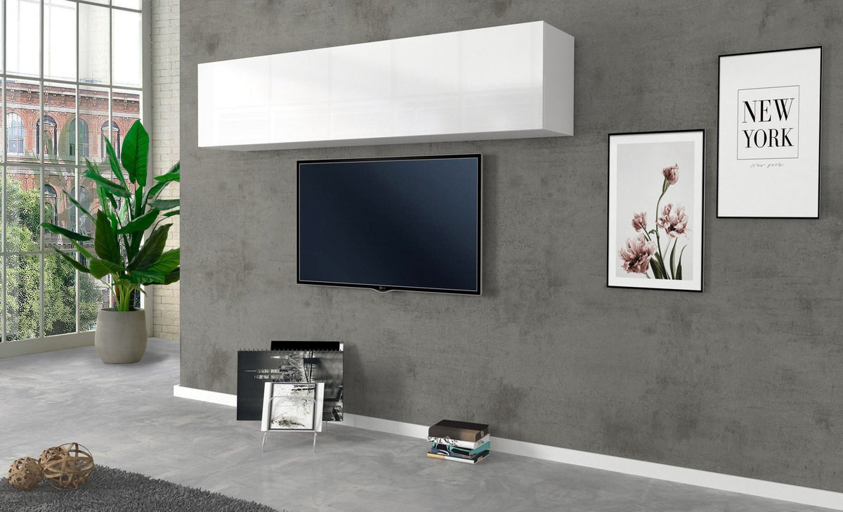 Pensile sospeso ECHO bianco lucido sopra TV in soggiorno con muro effetto cemento #colore_Bianco Lucido