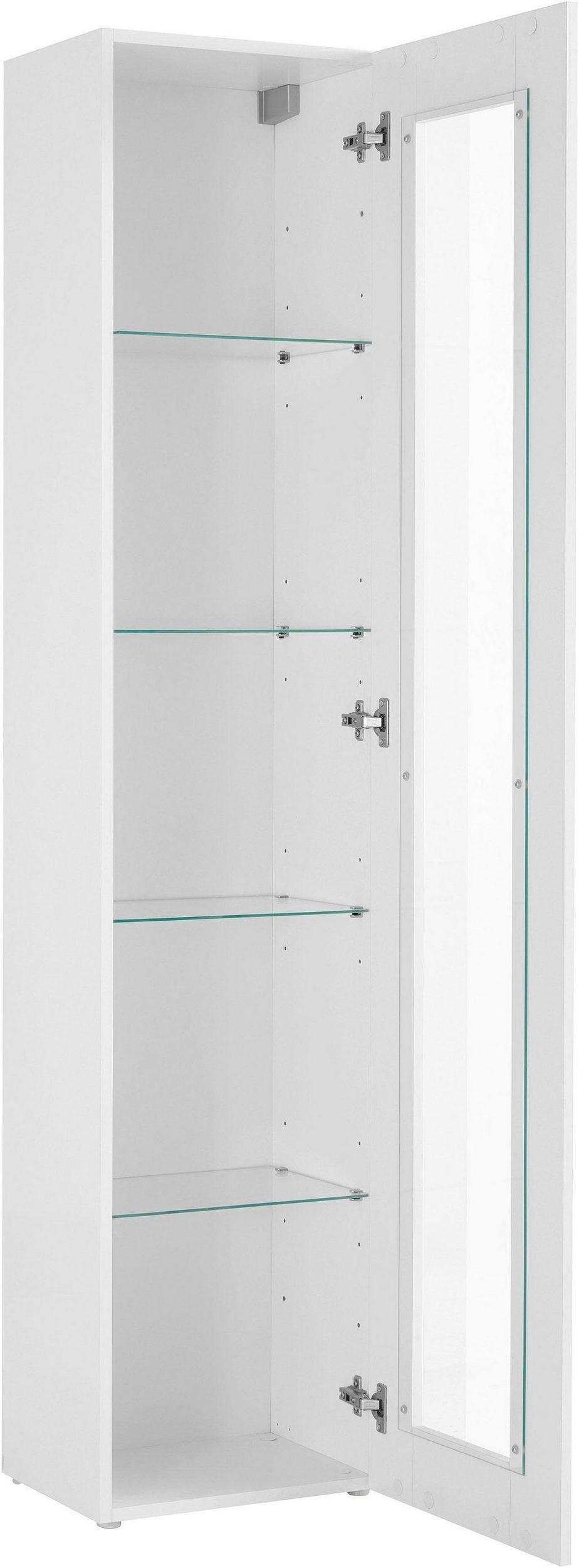 Vetrina ECHO bianco lucido con anta aperta, lampada LED e cerniere cromate #colore_Bianco Lucido