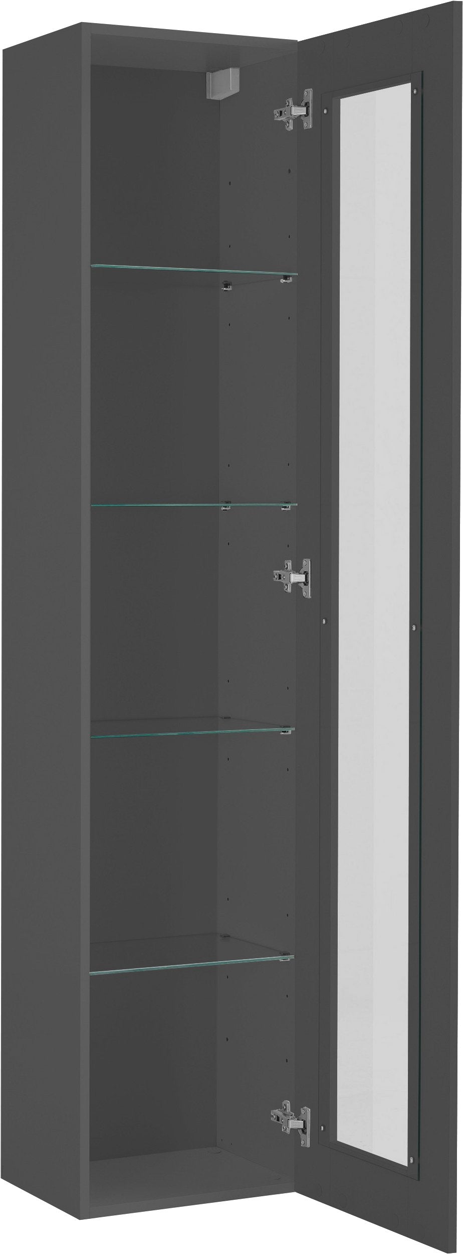 Vetrina ECHO antracite opaco con anta aperta e cerniere metalliche argentate #colore_Antracite Opaco
