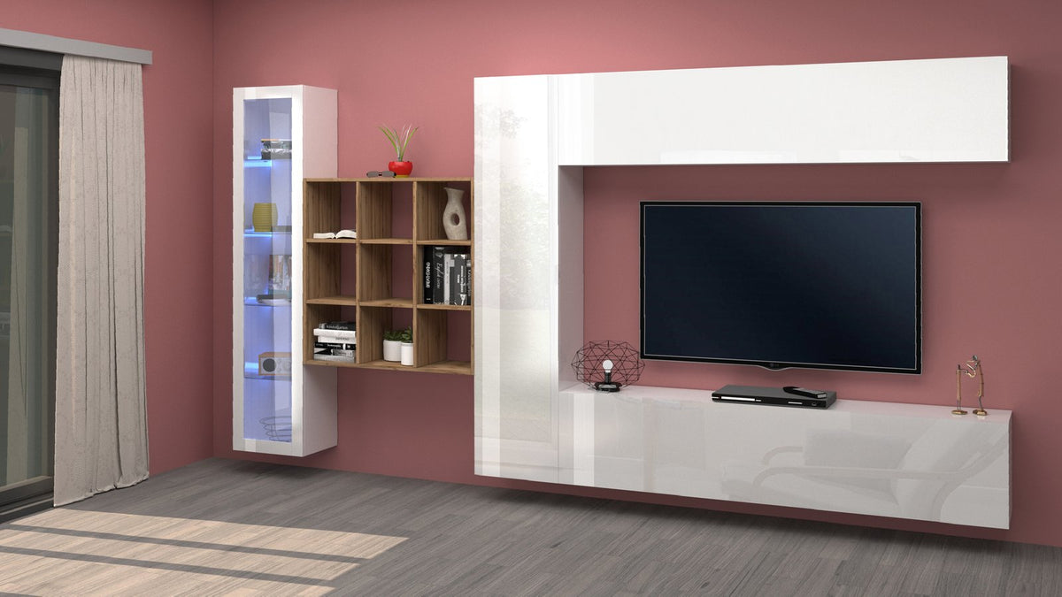 Libreria ECHO rovere a parete accanto a mobile TV bianco lucido con anta a ribalta aperta