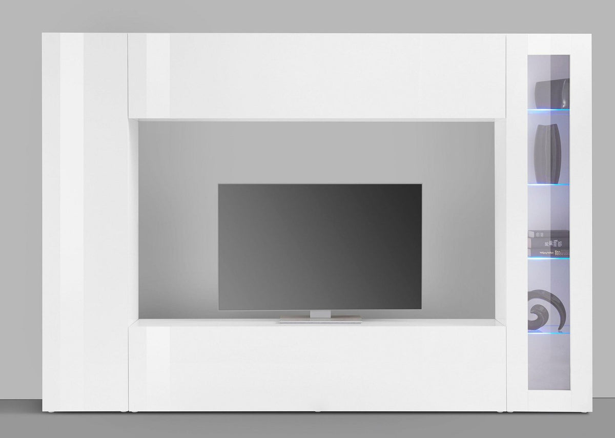 Parete attrezzata ECHO bianco lucido vista frontale con nicchia centrale per TV e vetrina #colore_Bianco Lucido