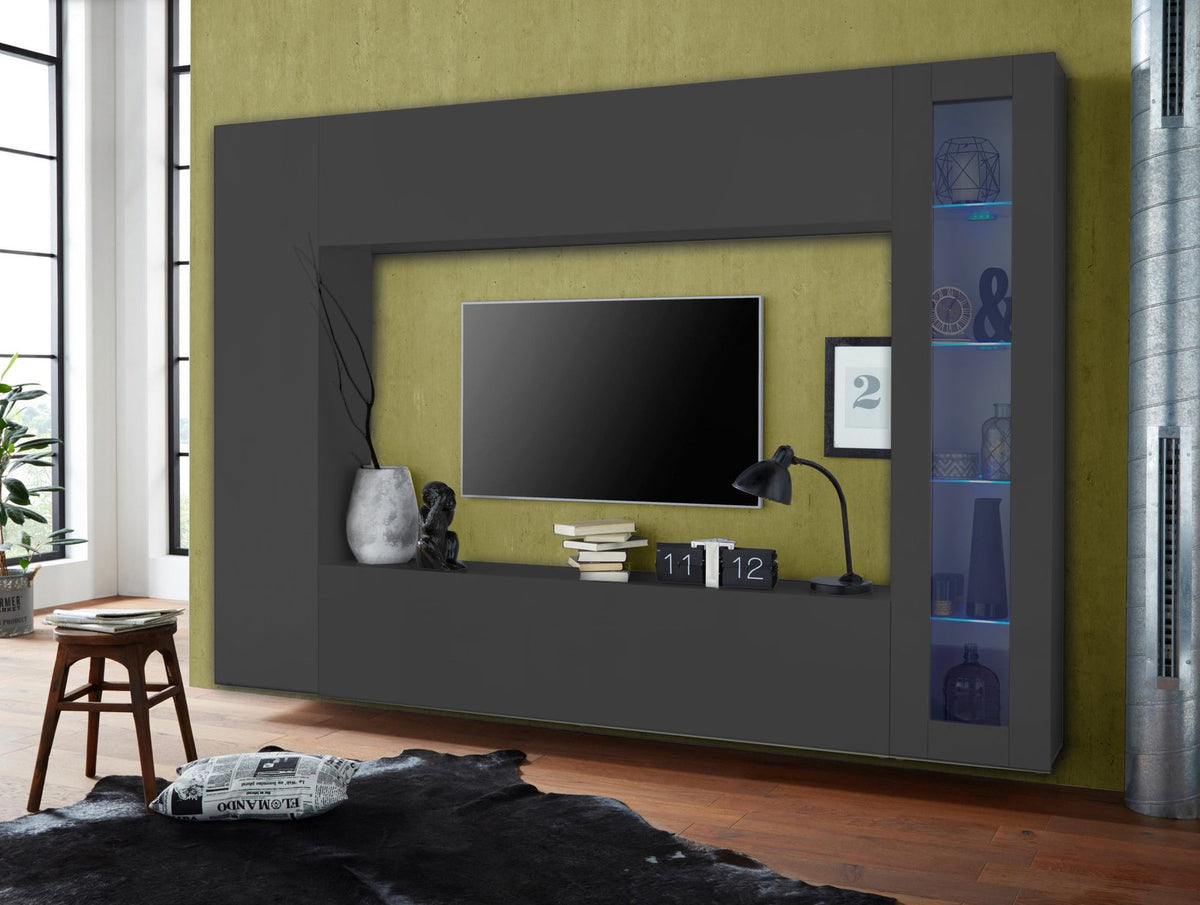 Parete attrezzata ECHO antracite opaco in soggiorno con vetrina a colonna e TV a parete #colore_Antracite Opaco