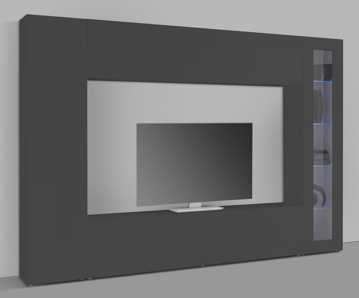 Render della parete ECHO antracite opaco con TV nel vano centrale e vetrina a colonna destra #colore_Antracite Opaco