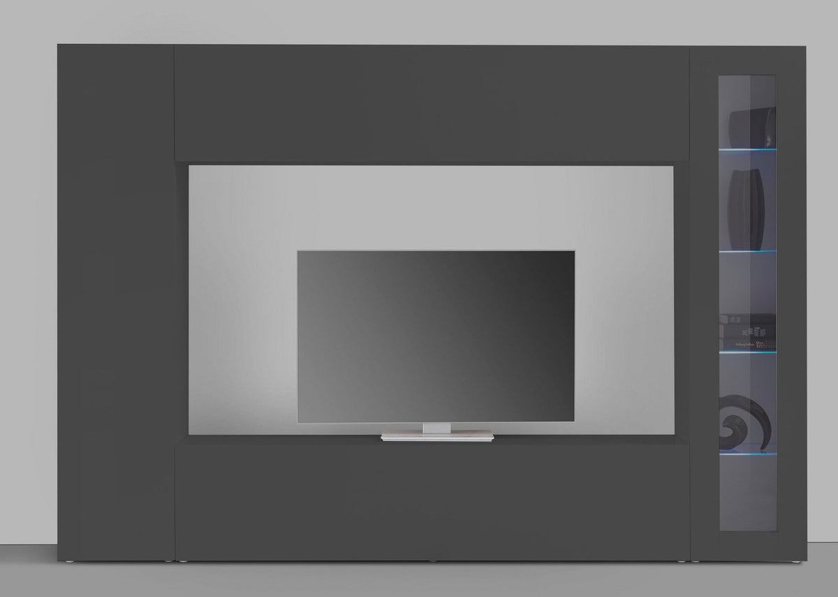 Render frontale della parete ECHO antracite opaco con vetrina scura e illuminazione LED blu #colore_Antracite Opaco