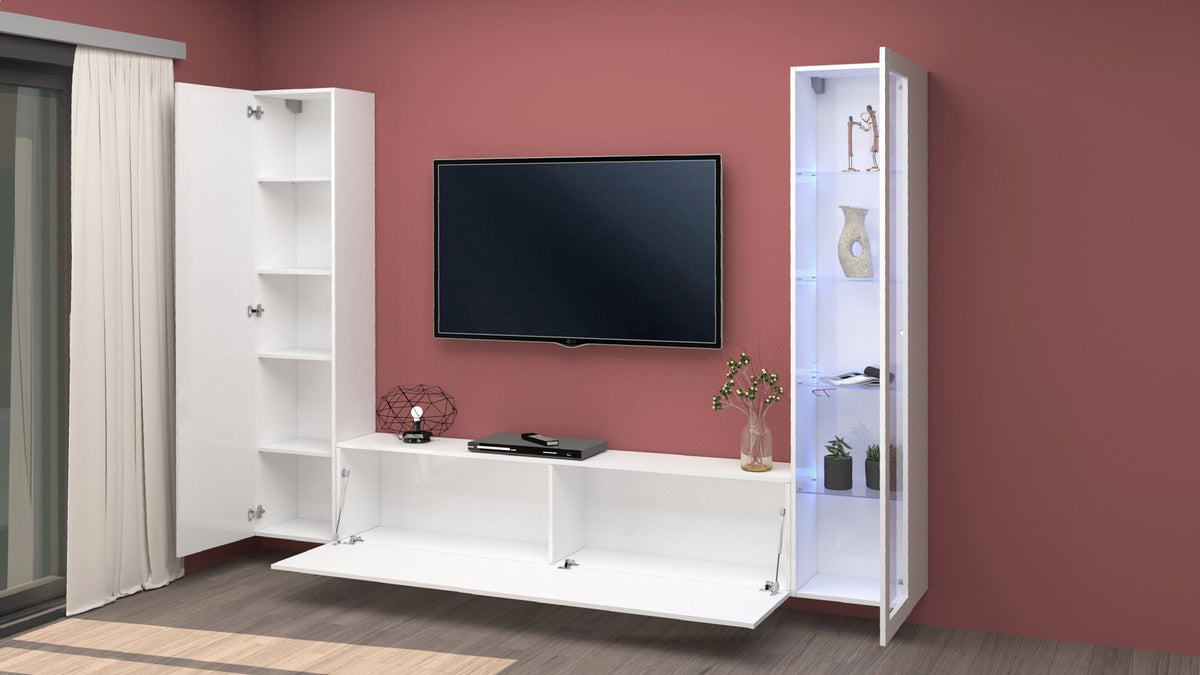 Parete attrezzata bianco lucido ECHO 13 con ribalta abbassata e vetrina a LED #colore_Bianco Lucido