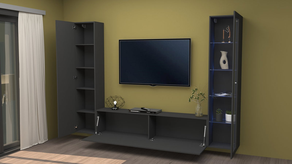 Parete attrezzata antracite opaco ECHO 13 con luci LED blu e TV montata #colore_Antracite Opaco