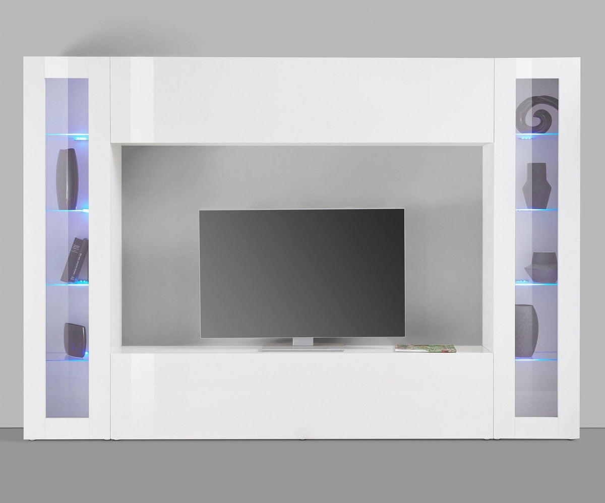 Parete attrezzata ECHO bianco lucido ripresa frontale con vano TV centrale e vetrine laterali #colore_Bianco Lucido