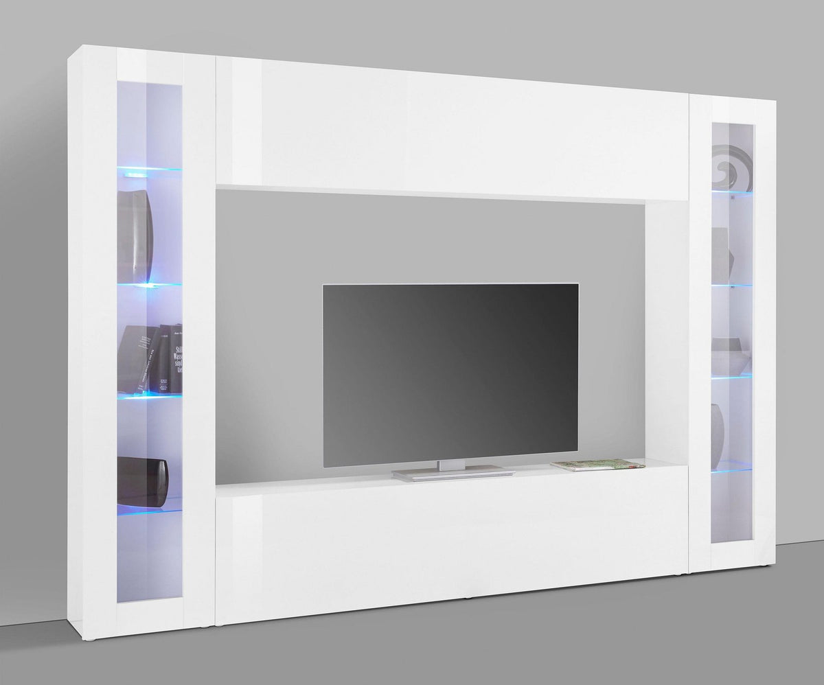 Parete attrezzata ECHO bianco lucido su sfondo grigio, vista di tre quarti con vetrine a LED #colore_Bianco Lucido