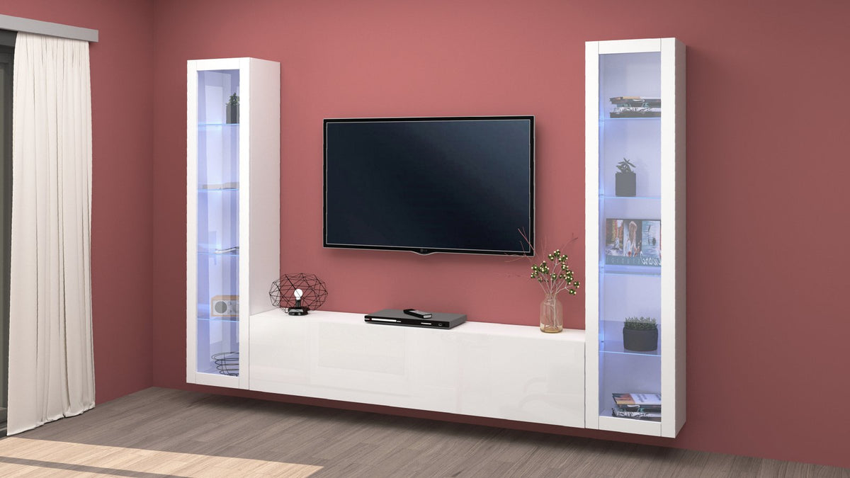 Parete attrezzata ECHO 12 bianco lucido montata in soggiorno con televisore #colore_Bianco Lucido
