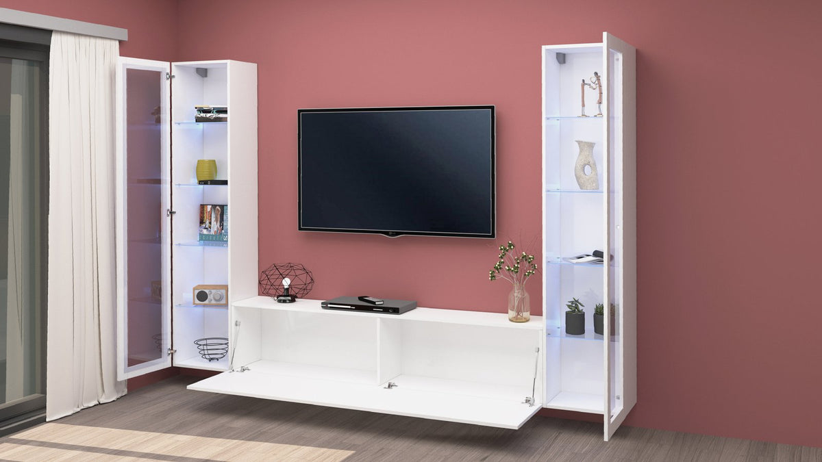 Parete ECHO 12 bianco lucido con ribalta aperta e vetrine aperte #colore_Bianco Lucido