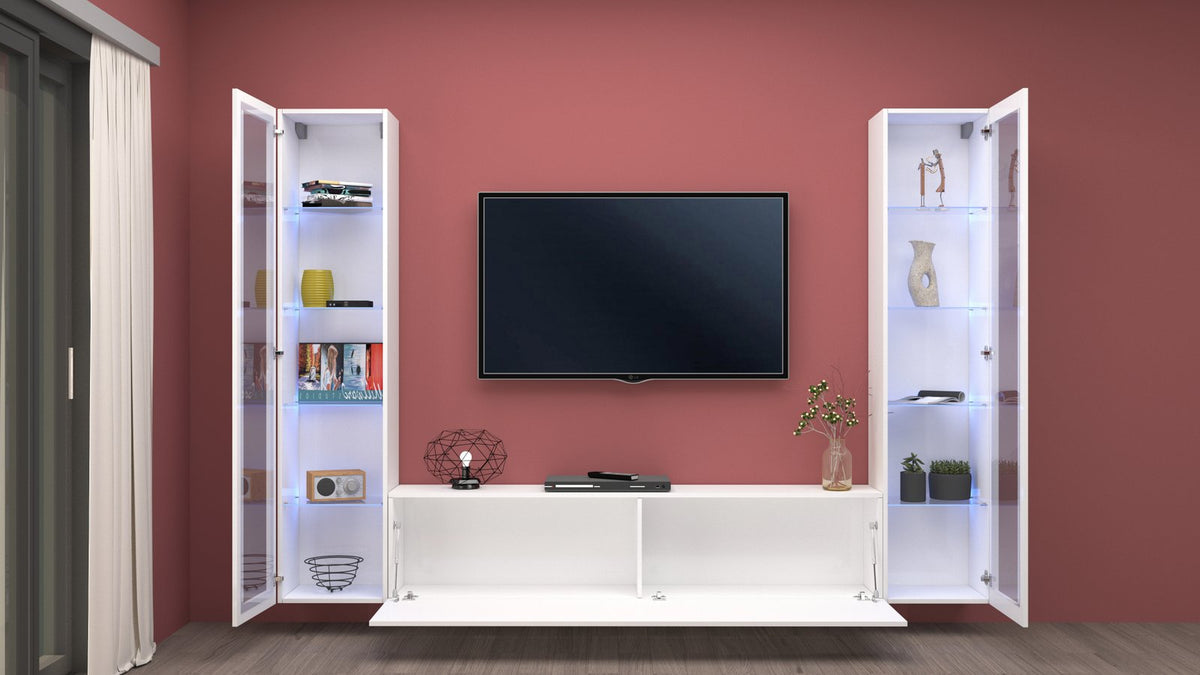 ECHO 12 bianco lucido in soggiorno con luci LED blu nelle vetrine #colore_Bianco Lucido