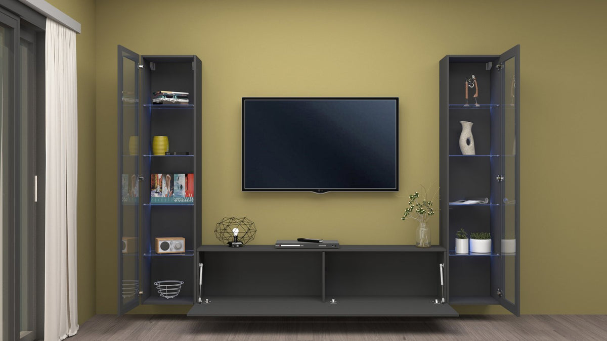 ECHO 12 antracite opaco frontale con televisore appeso e vetrine aperte #colore_Antracite Opaco