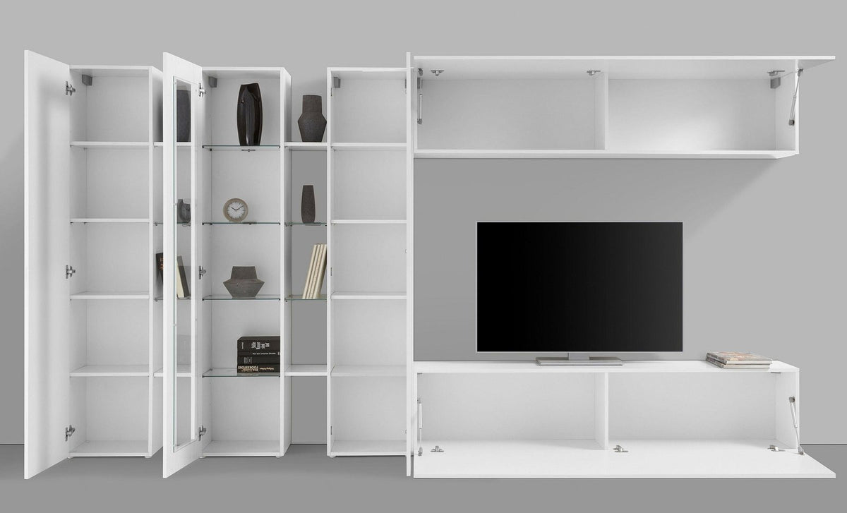 Parete attrezzata ECHO 1 bianco lucido con ante aperte e pensile a ribalta sollevato #colore_Bianco Lucido