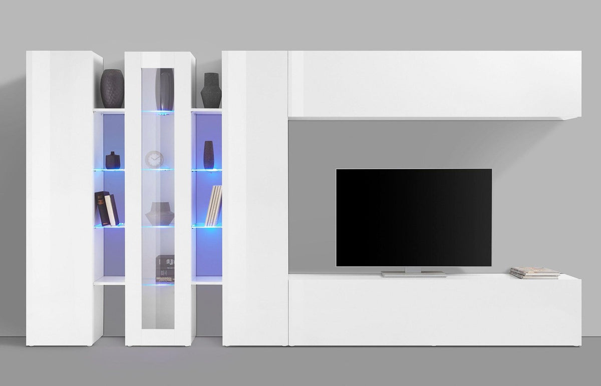 Parete attrezzata ECHO 1 bianco lucido vista frontale con vetrina centrale e spazio TV #colore_Bianco Lucido