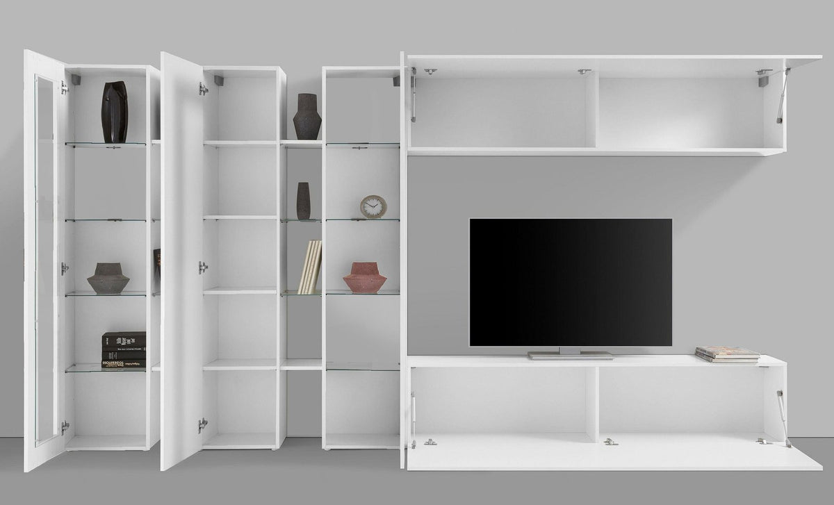 Parete attrezzata ECHO 6 bianco lucido con ante a vasistas aperte e TV Hitachi #colore_Bianco Lucido
