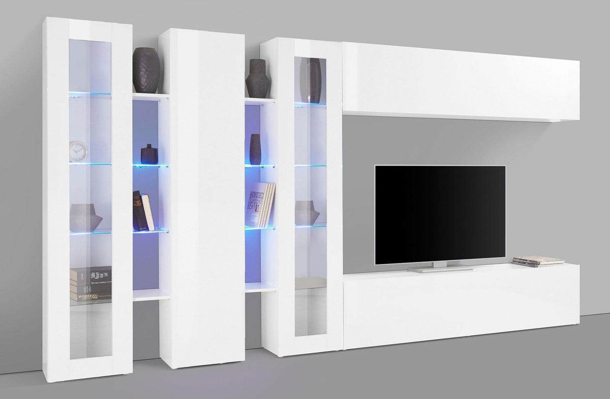 Rendering della parete attrezzata ECHO 6 bianco lucido con vetrine e vani LED #colore_Bianco Lucido