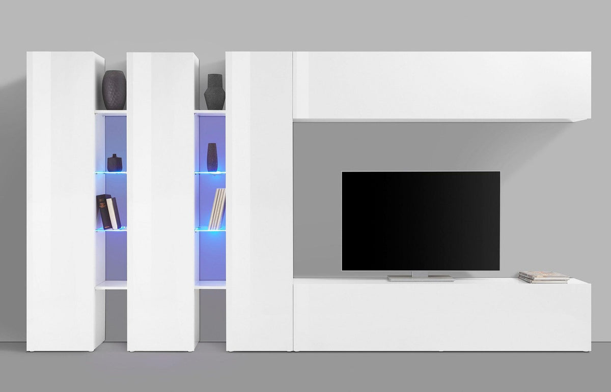 Parete attrezzata ECHO bianco lucido frontale con colonne illuminate e pensile sopra la TV #colore_Bianco Lucido