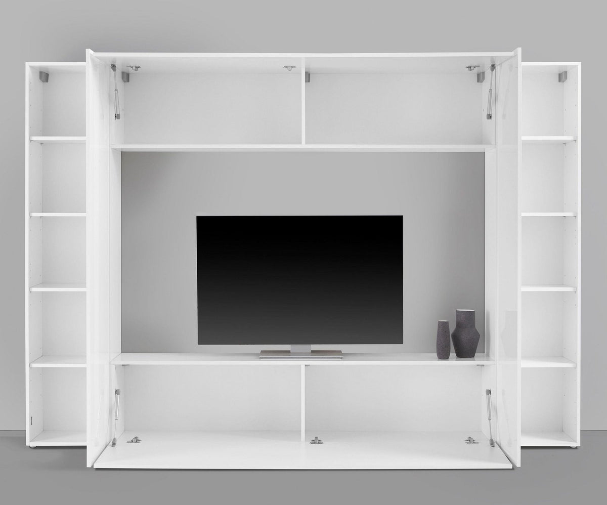Parete attrezzata ECHO bianco lucido con ante spalancate e cerniere a pistone visibili #colore_Bianco Lucido