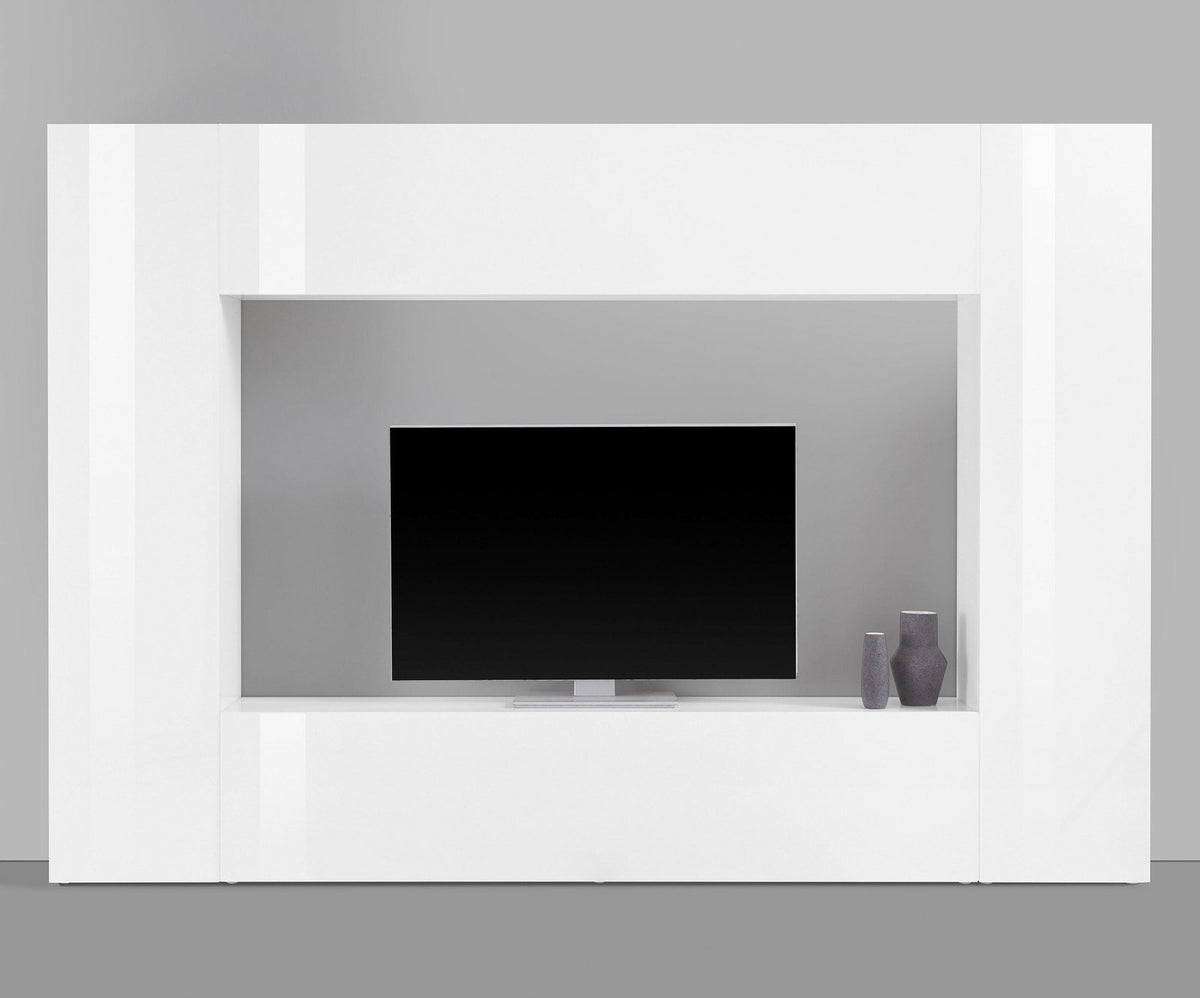 Parete attrezzata ECHO bianco lucido vista frontale con vano centrale aperto e TV #colore_Bianco Lucido