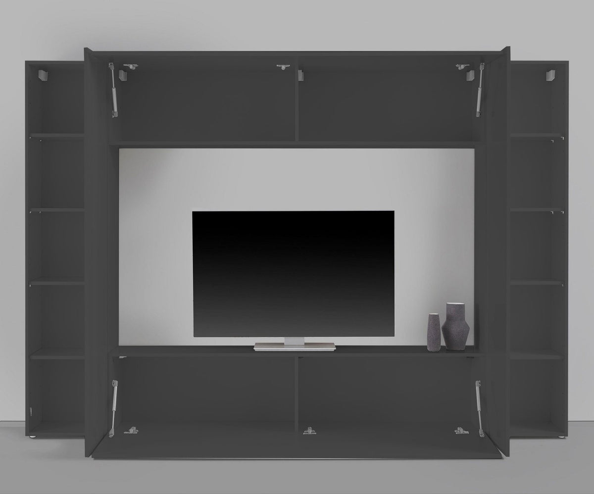 Render frontale della parete attrezzata ECHO antracite opaco con ante aperte e TV #colore_Antracite Opaco