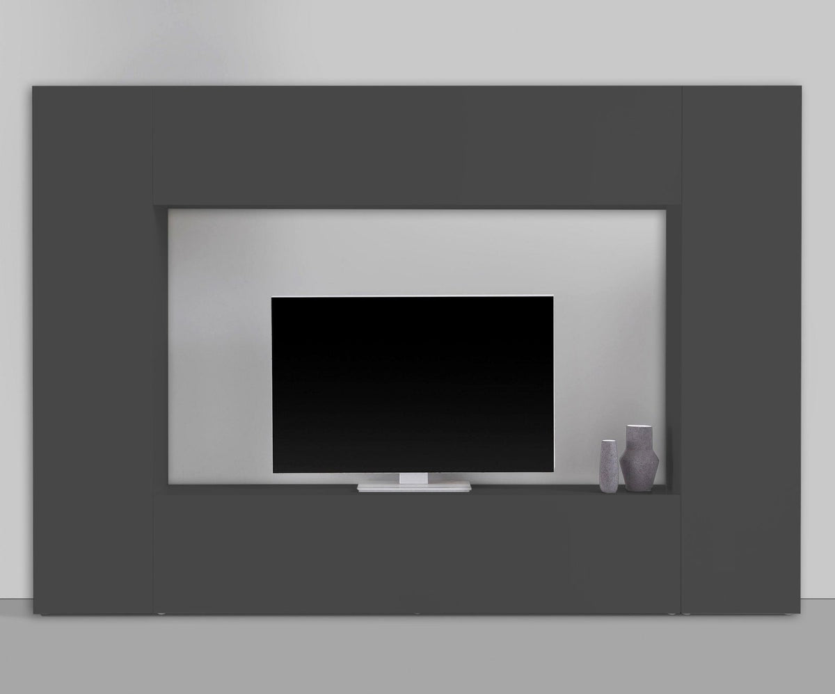 Parete attrezzata ECHO antracite opaco vista frontale con TV spento nel vano centrale #colore_Antracite Opaco