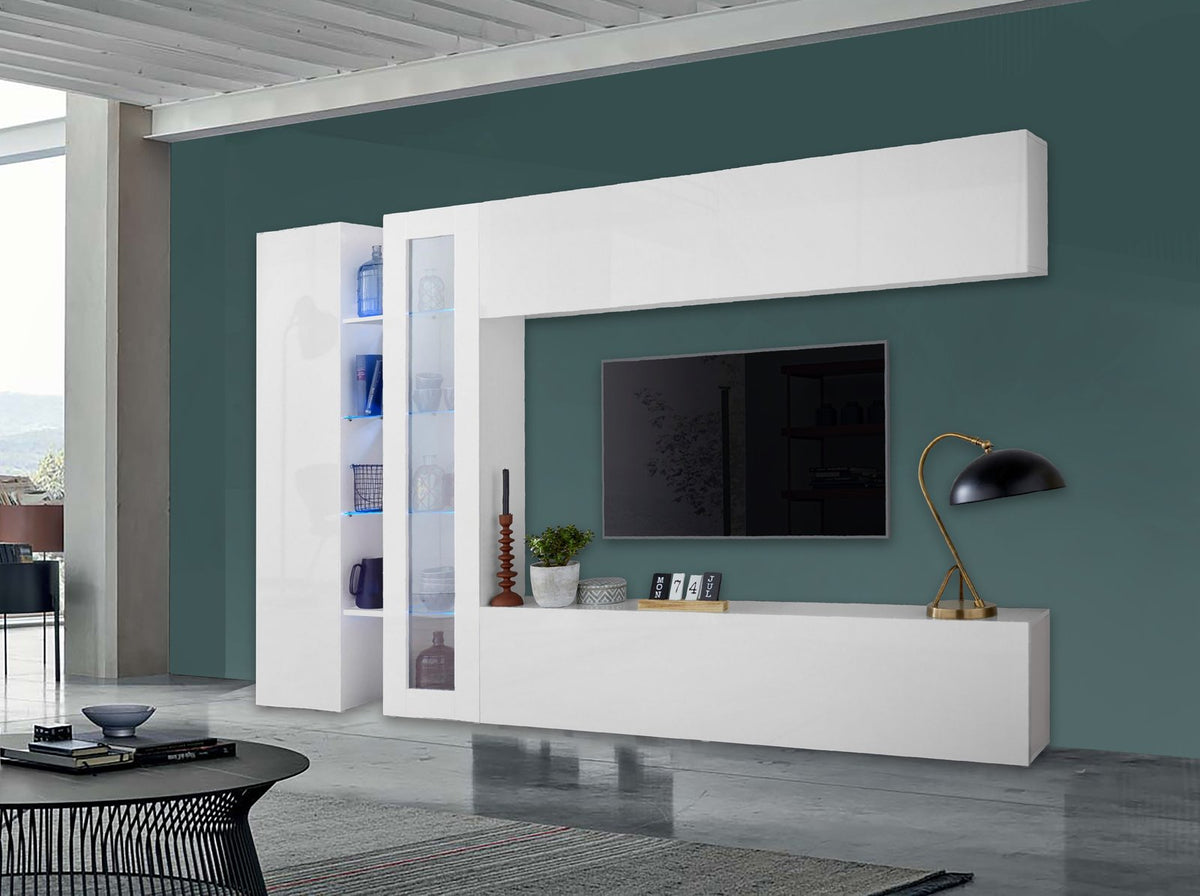 Parete attrezzata sospesa ECHO 7 bianco lucido con televisore e vetrina su parete verde #colore_Bianco Lucido