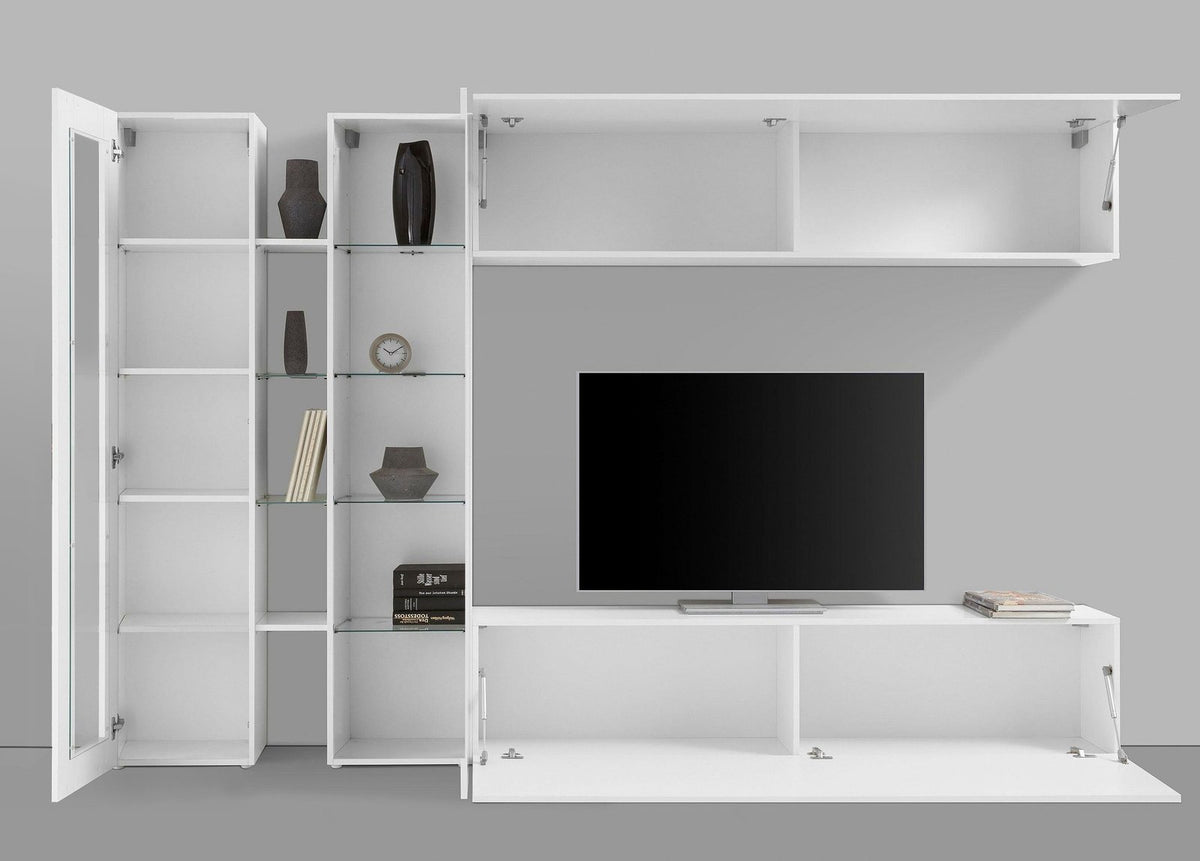 Parete attrezzata ECHO 7 bianco lucido frontale con vasistas aperti su sfondo grigio #colore_Bianco Lucido