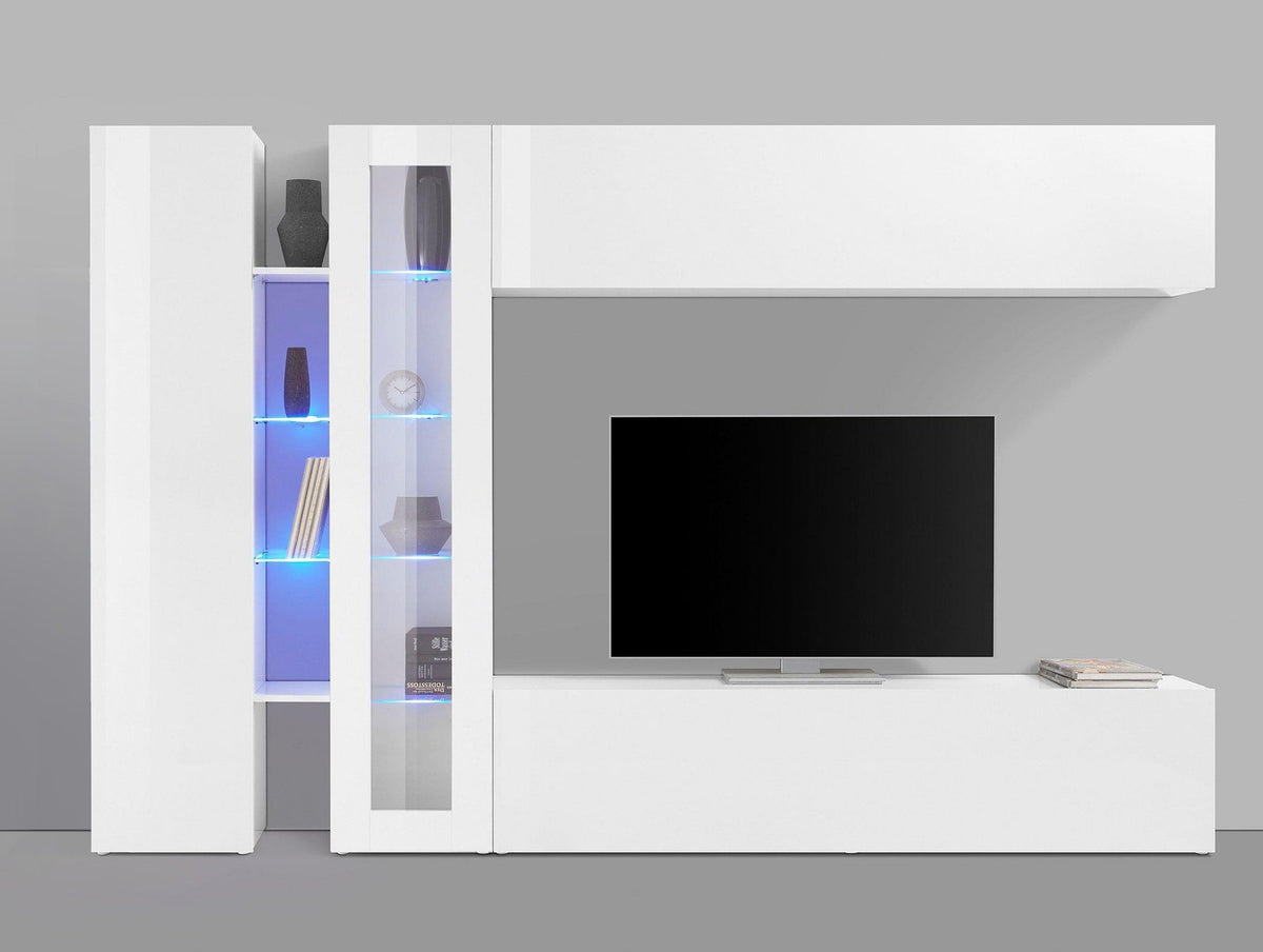 Parete attrezzata ECHO 7 bianco lucido frontale con vetrina illuminata di azzurro e vasistas #colore_Bianco Lucido