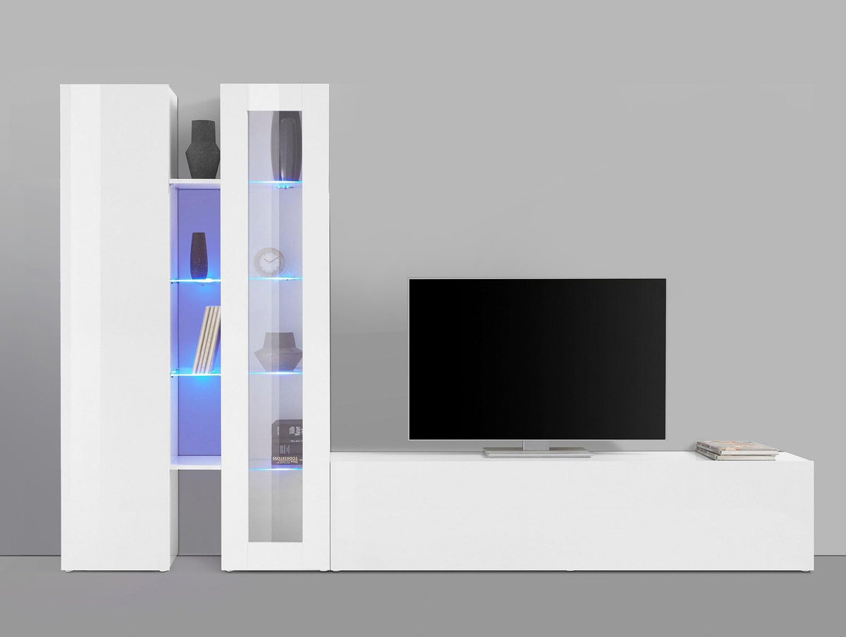 Parete attrezzata ECHO bianco lucido frontale su sfondo neutro con vetrina e porta TV #colore_Bianco Lucido