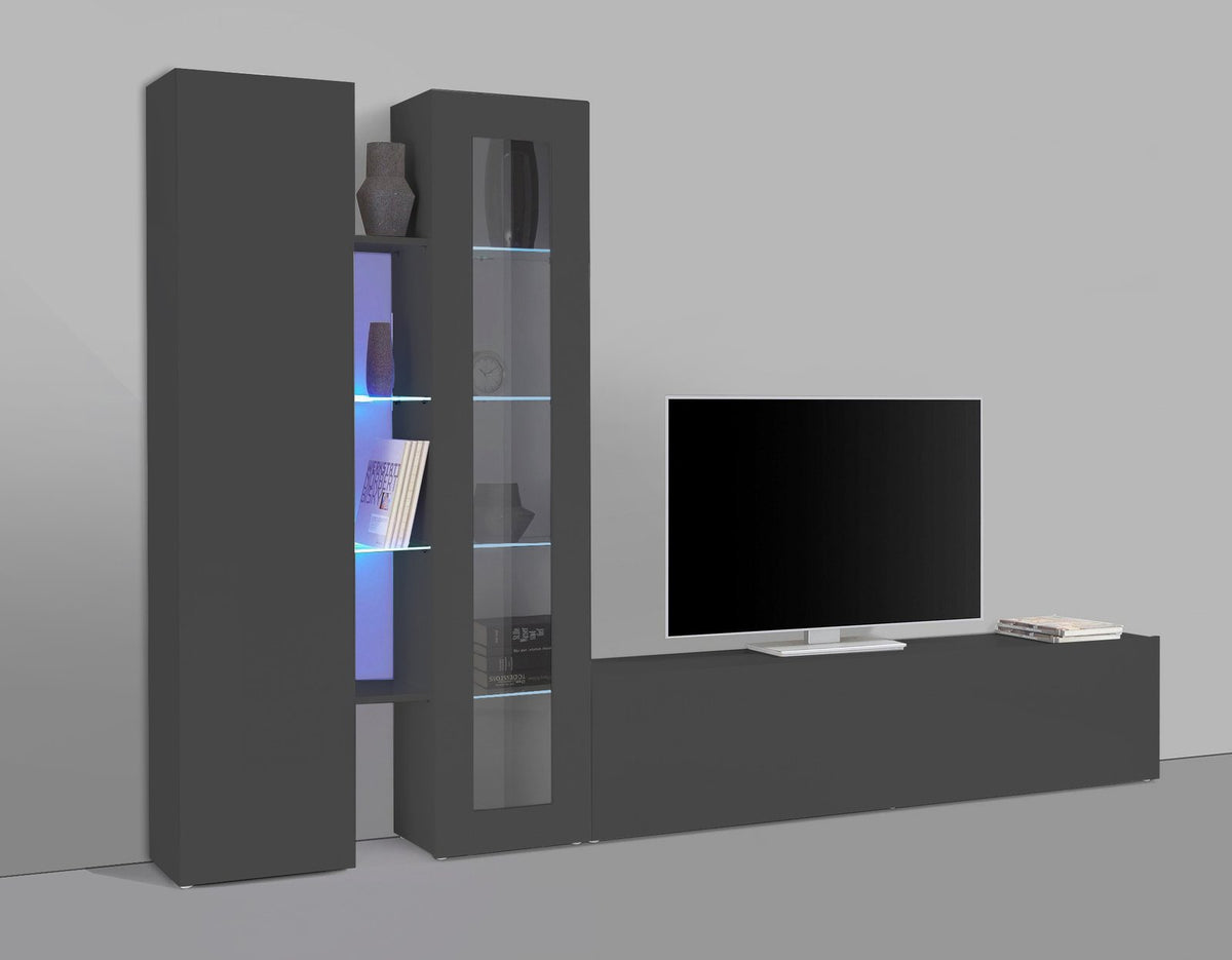 Parete attrezzata ECHO antracite opaco frontale con vetrina illuminata e televisore sulla base #colore_Antracite Opaco