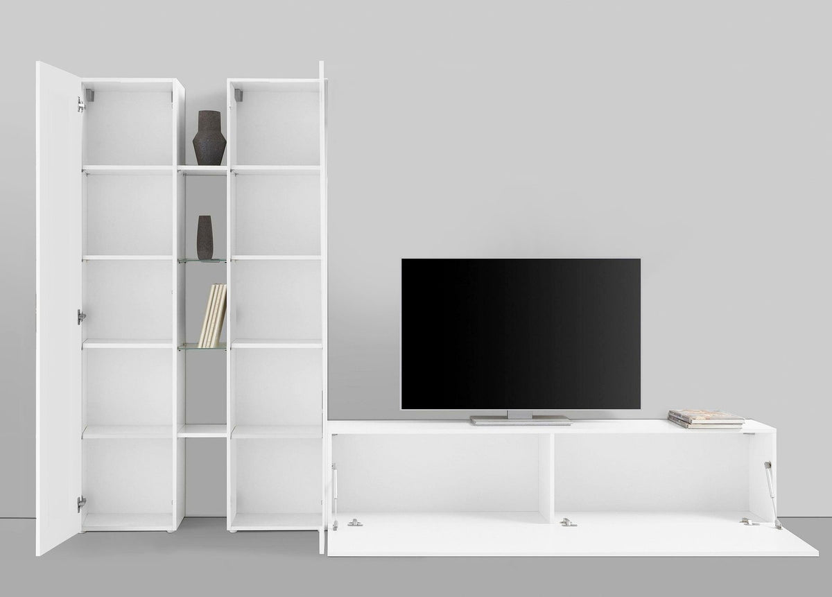 Parete attrezzata ECHO bianco lucido con anta della base aperta e vani con cerniere visibili #colore_Bianco Lucido