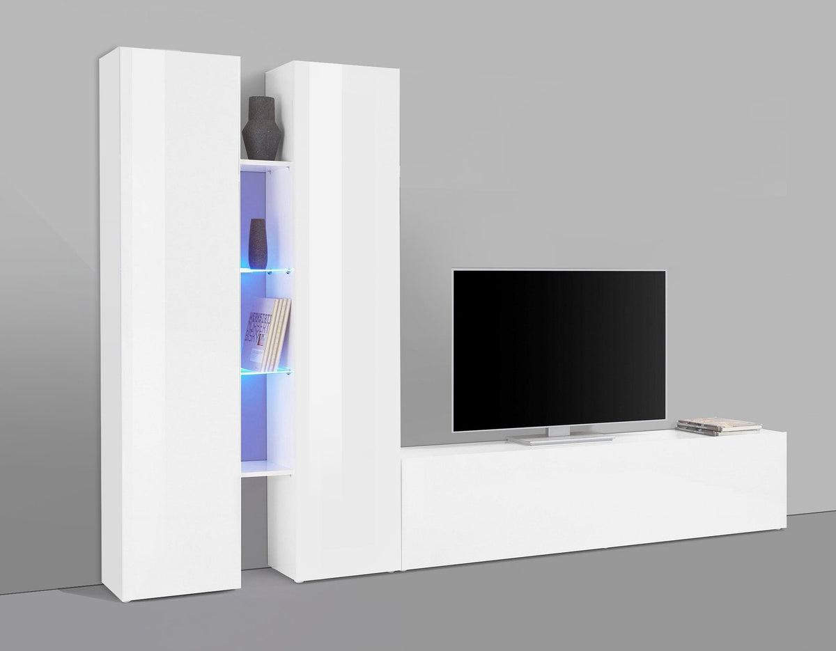 Parete attrezzata ECHO bianco lucido su sfondo grigio con vani a giorno illuminati da LED blu #colore_Bianco Lucido