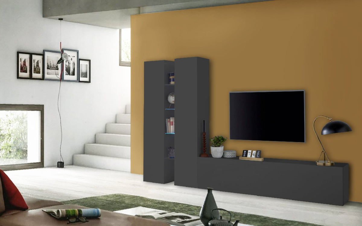 Parete attrezzata ECHO antracite opaco in soggiorno con lampada da tavolo e vaso su ripiano #colore_Antracite Opaco