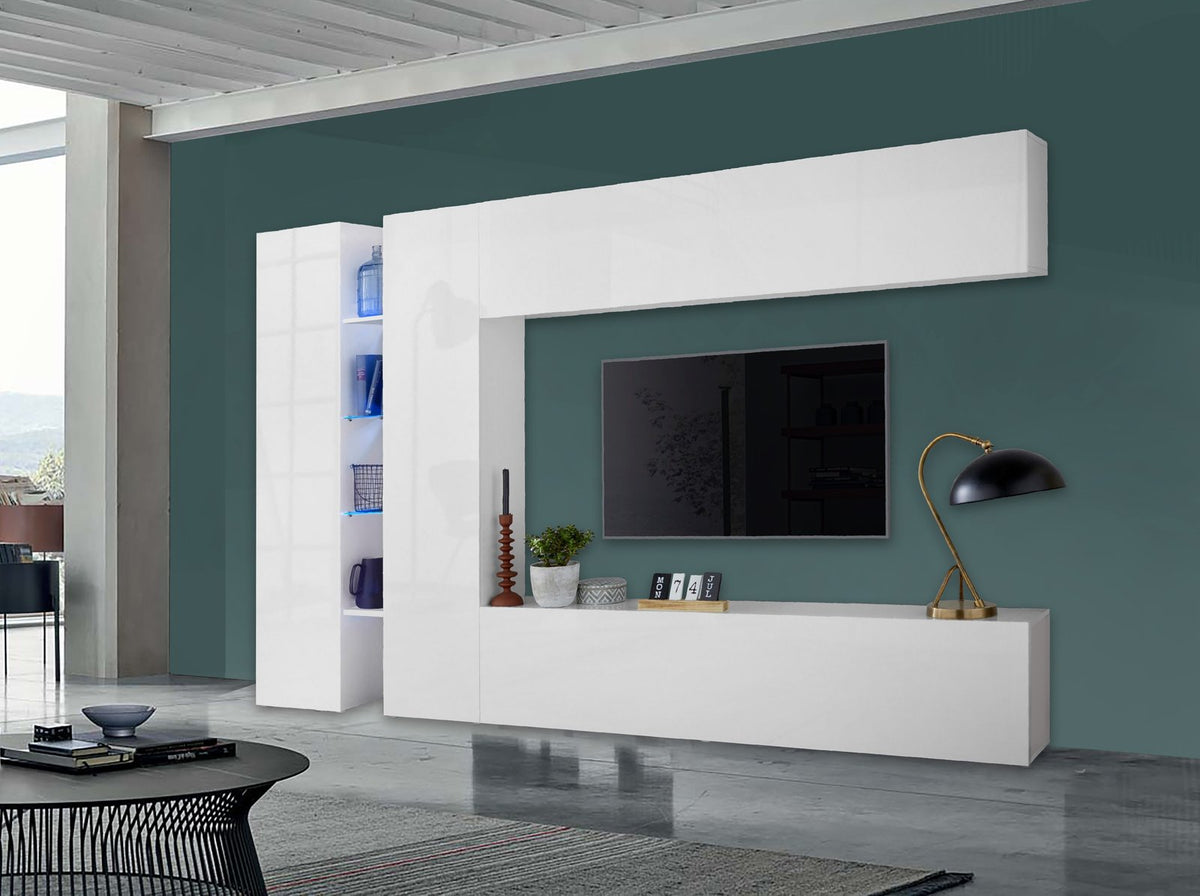Parete attrezzata ECHO 8 bianco lucido in soggiorno con pareti verdi e lampada nera e oro #colore_Bianco Lucido