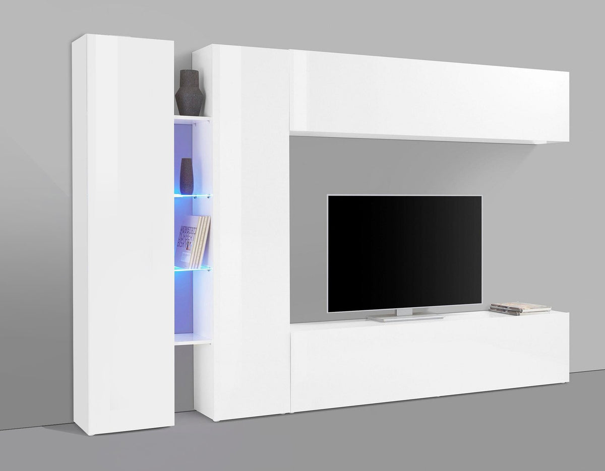Parete attrezzata ECHO 8 bianco lucido di tre quarti con vetrina illuminata e TV centrale #colore_Bianco Lucido