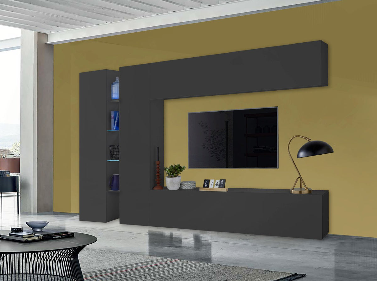Parete attrezzata ECHO 8 antracite opaco in ambiente soggiorno con tavolino e tappeto a righe #colore_Antracite Opaco