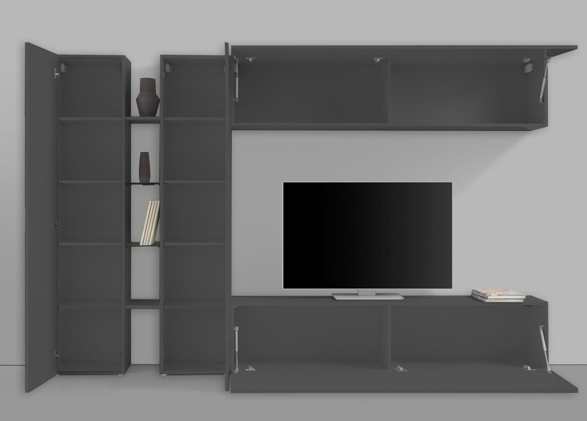 Render frontale della parete attrezzata ECHO 8 antracite opaco con ante a ribalta aperte #colore_Antracite Opaco