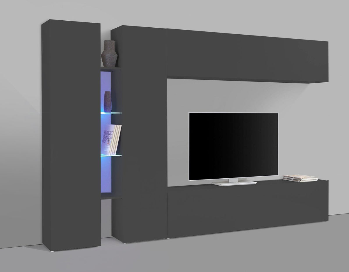 Parete attrezzata ECHO 8 antracite opaca a L con vetrina LED e TV su sfondo grigio #colore_Antracite Opaco