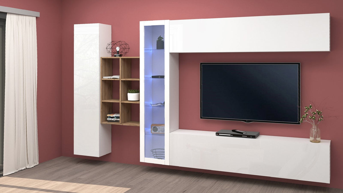 Parete attrezzata ECHO bianco lucido con libreria in legno e vetrina illuminata su parete bordeaux #colore_Bianco Lucido