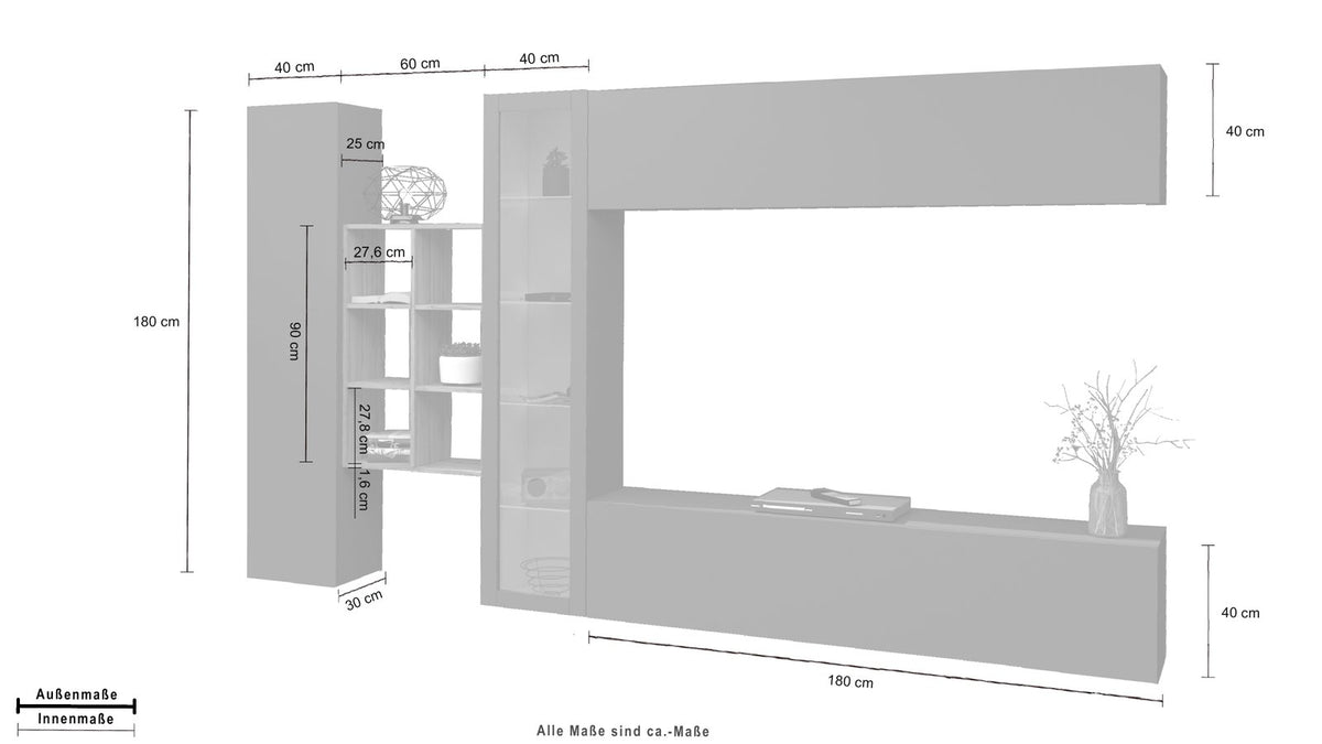Misure della parete attrezzata ECHO antracite opaco con quote in centimetri su sfondo grigio #colore_Antracite Opaco
