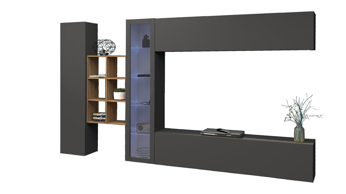Parete attrezzata ECHO antracite opaco su sfondo bianco con vetrina illuminata di blu #colore_Antracite Opaco